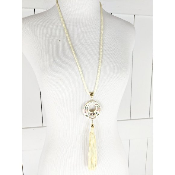 Vintage Chinese Cloisonne floral enamel tassel pendant rope necklace - Picture 5 of 5